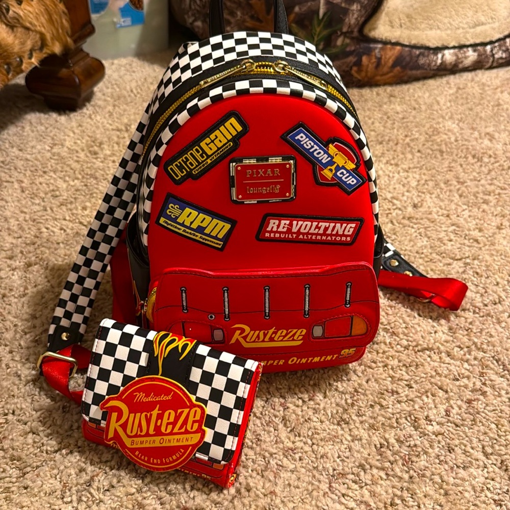 Loungefly Pixar Red Cars Patch Mini Backpack with Checker Strap